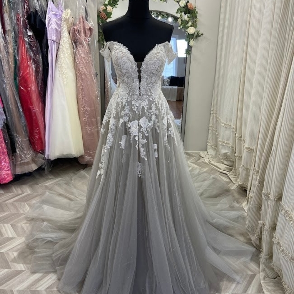 Elegant Gray Lace Off-Shoulder Gown